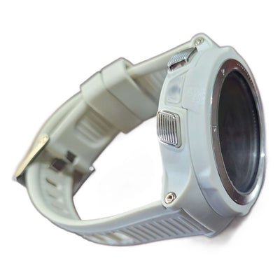 White electronic watch with a circular component on a white background