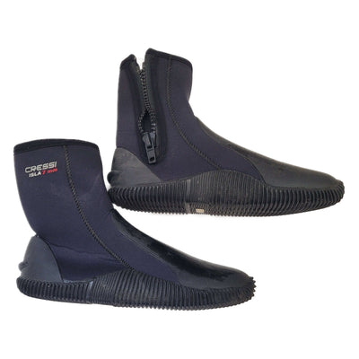 Pair of navy blue diving boots with a zipper on a white background