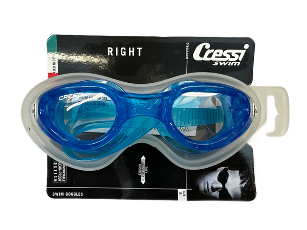 Blue swim goggles with Cressi branding on a black packaging background