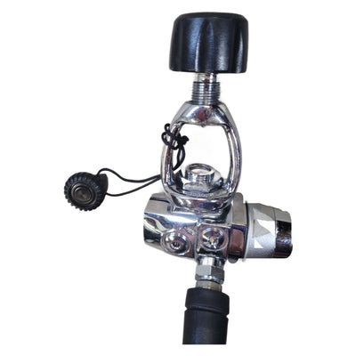 Metal valve with black components on a white background