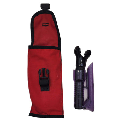 Red travel snorkel bag with black accents and a purple and black tool set on a white background