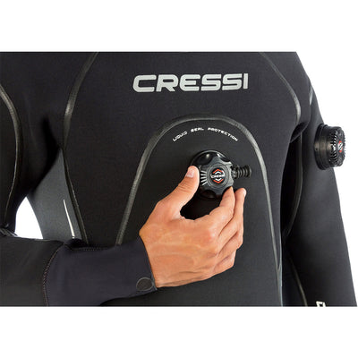 Cressi diving suit with a hand holding a regulator on a white background