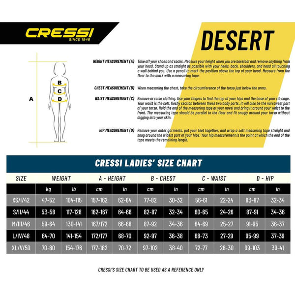 Cressi size chart for ladies with measurement instructions and chart details.