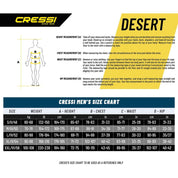 Cressi size chart for men with measurement instructions and desert-themed design.