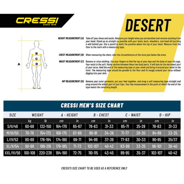 Cressi size chart for men with measurement instructions and desert-themed design.