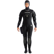 Person wearing a black Cressi diving suit on a white background
