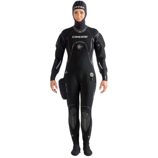 Person wearing a black Cressi diving suit on a white background