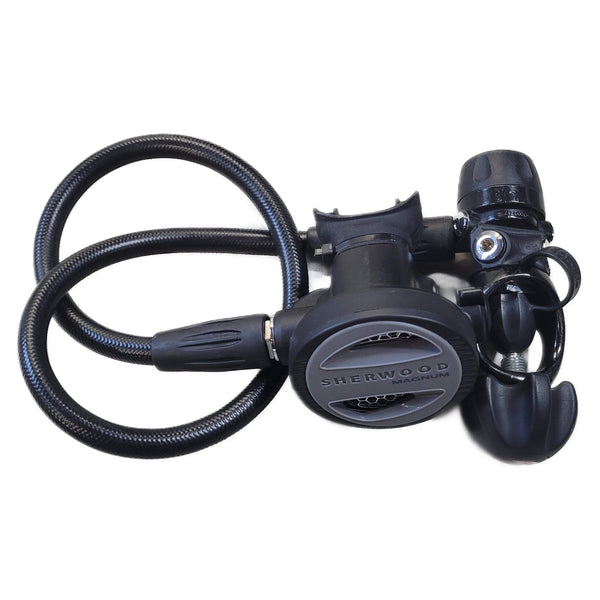 Scuba diving regulator with hoses on a white background