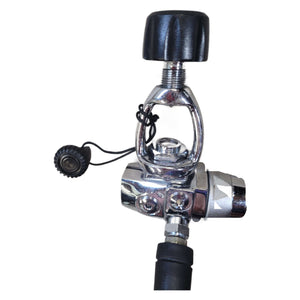 Metal valve with black components on a white background