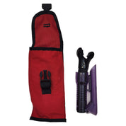 Red travel snorkel bag with black accents and a purple and black tool set on a white background