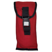 Red travel snorkel pouch with a black strap on a white background
