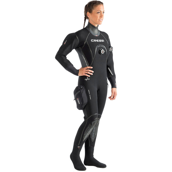 Person wearing a black Cressi wetsuit on a white background