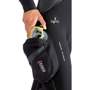 Person in a black wetsuit with visible branding on a white background